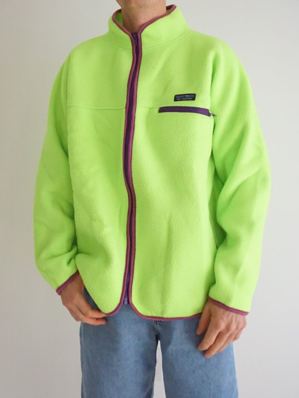 Vintage Out Country Neon Lime Green Solid Purple Trim Full Zip Sweater Jacket XL